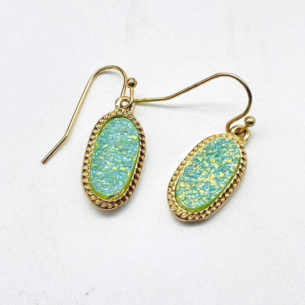 Crystal Avenue Opalescent Dangle Earrings Green Gold Tone Oval Pierced Jewelry - Picture 9 of 11